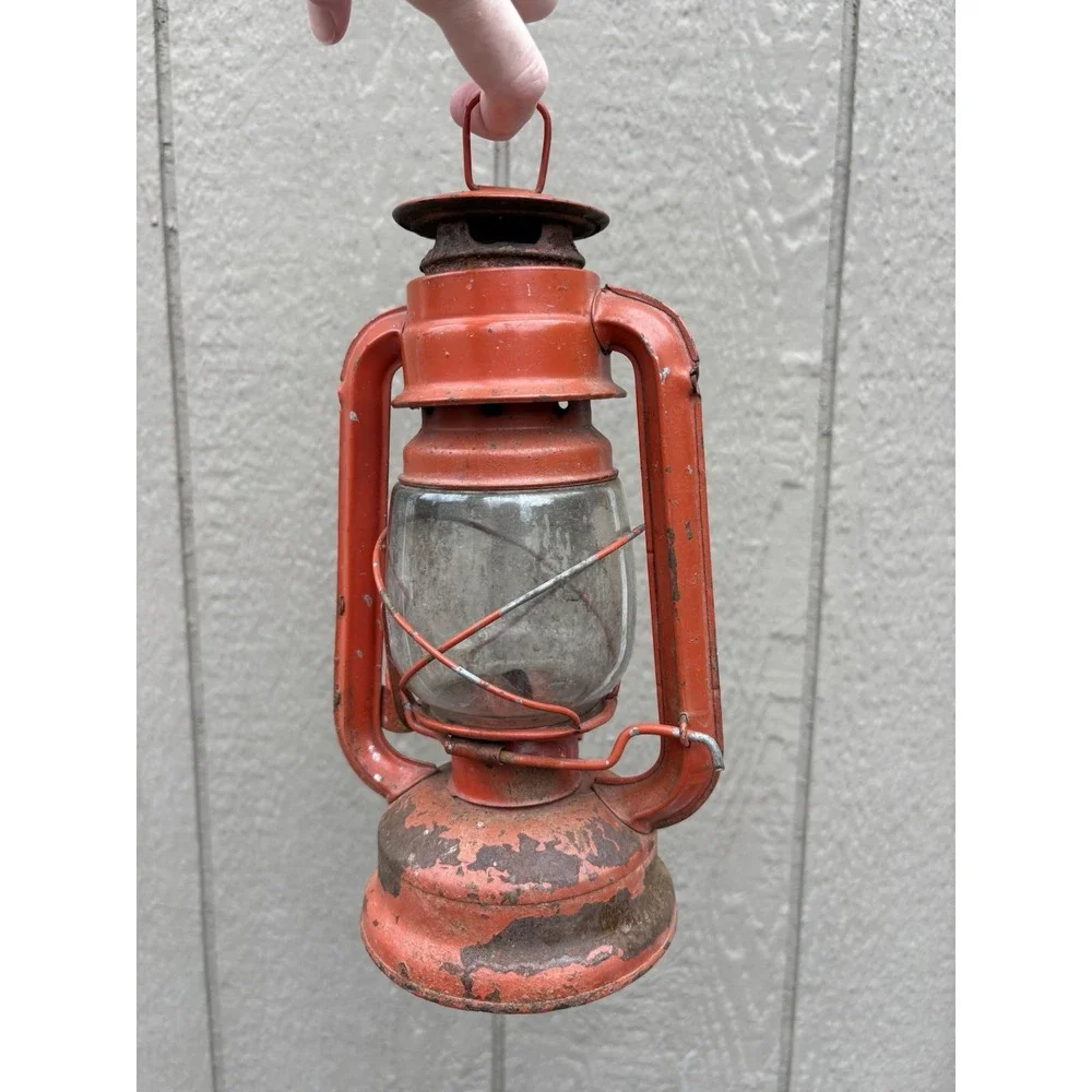 Vintage Red Metal Paraffin Lantern Oil Lamp Rustic Farmhouse Decor